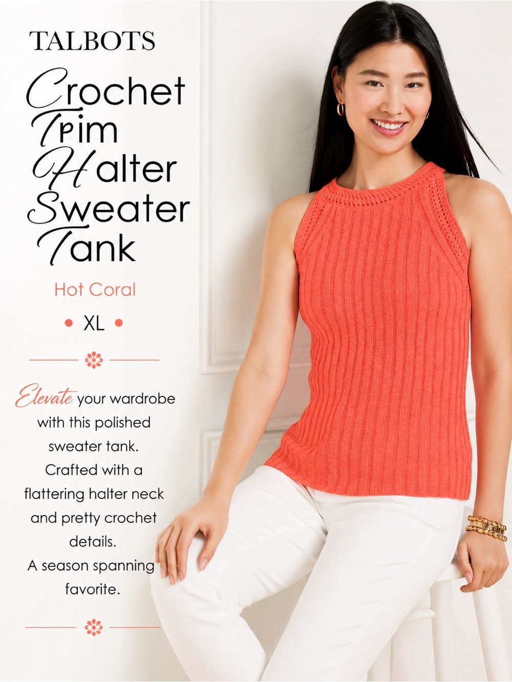 Talbots Coral Crochet Trim Halter Sweater Tank Hot Coral NEW